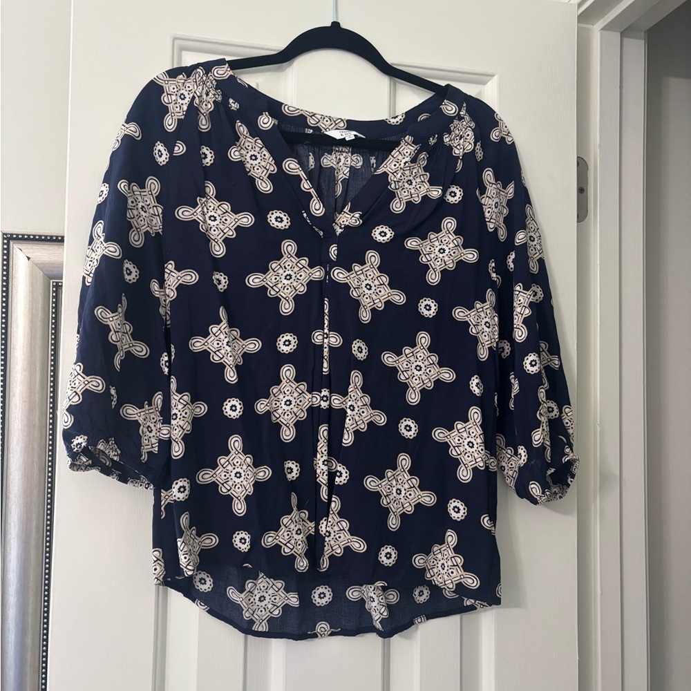crown & ivy Navy and Cream Patterned Blouse